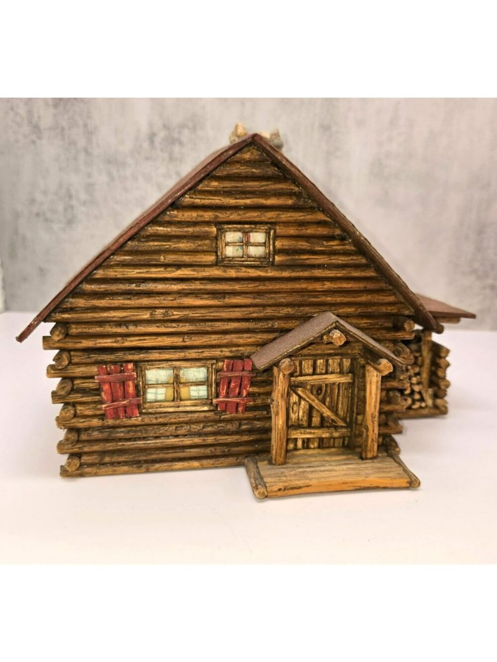 Handcrafted Vintage Log Cabin House With Woodpile & Chimney Rustic Decor CM2324